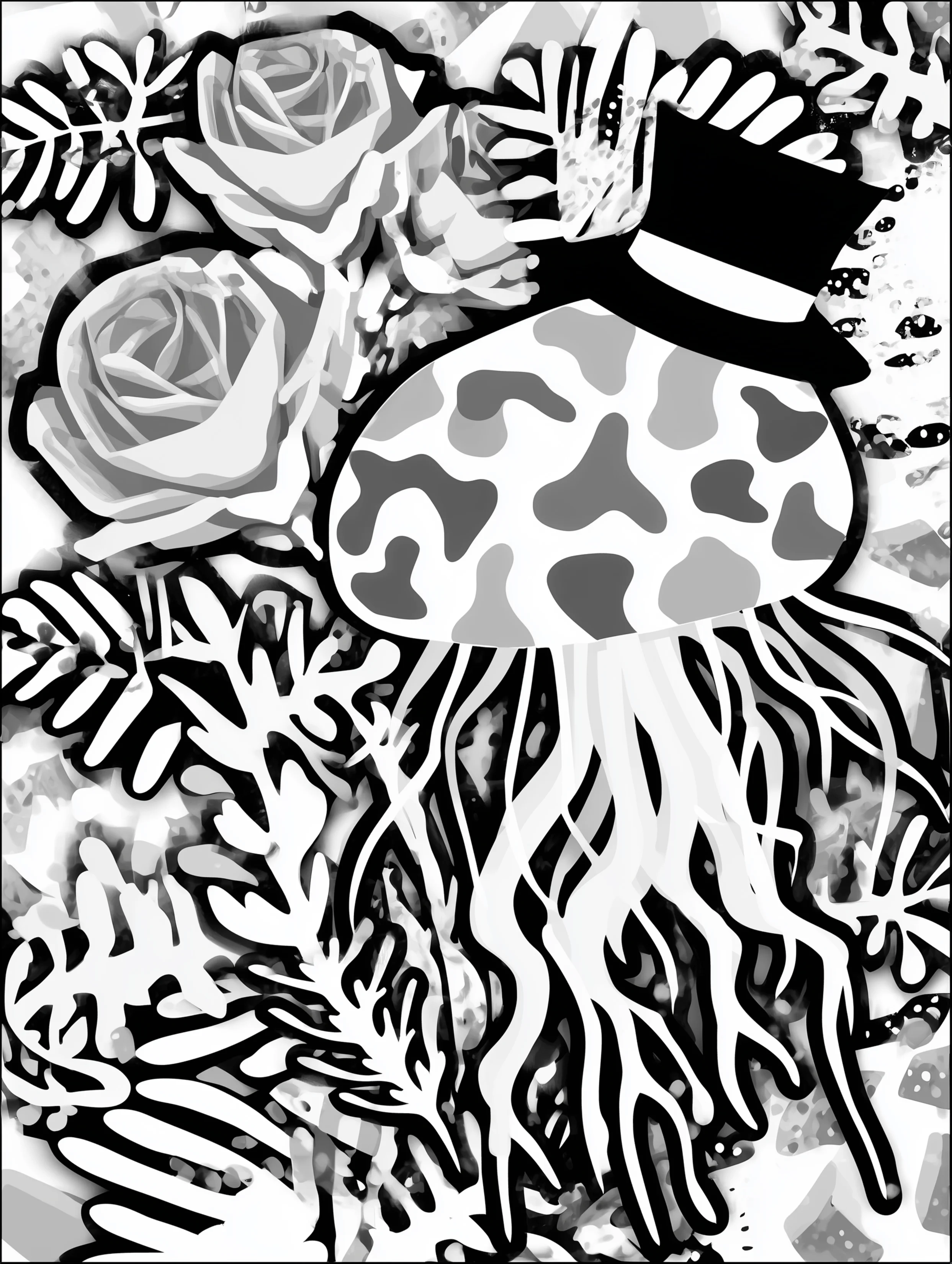 Free printable jellyfish coloring page for adults featuring a whimsical jellyfish wearing a black hat